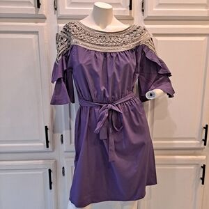 Dejavu Purple Gray Midi Dress With Layered Ruffled Sleeves Belted Waist